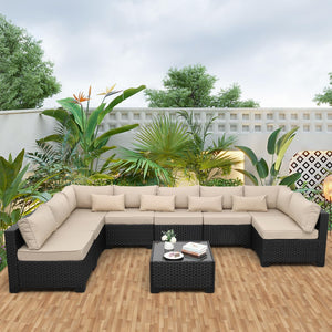 9-Piece Outdoor Wicker Sectional Patio Furniture Set with Glass Table & Cushions