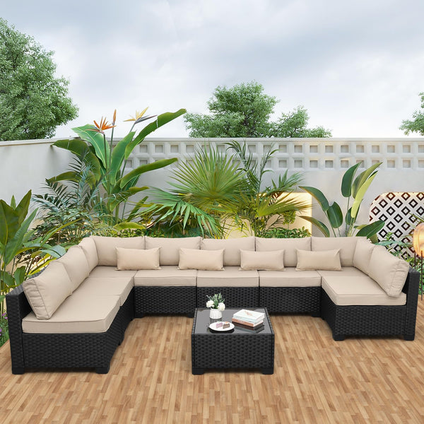 9-Piece Outdoor Wicker Sectional Patio Furniture Set with Glass Table & Cushions