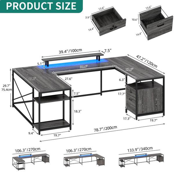U-Shaped Computer Desk with Power Outlets, LED Lights & Storage