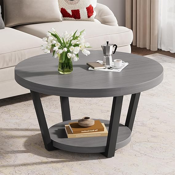 Round Coffee Table with Storage Shelf, 2-Tier