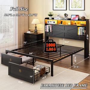 Platform Bed Frame with LED Lights, Storage Headboard & Charging Station