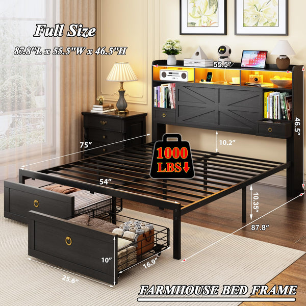 Platform Bed Frame with LED Lights, Storage Headboard & Charging Station