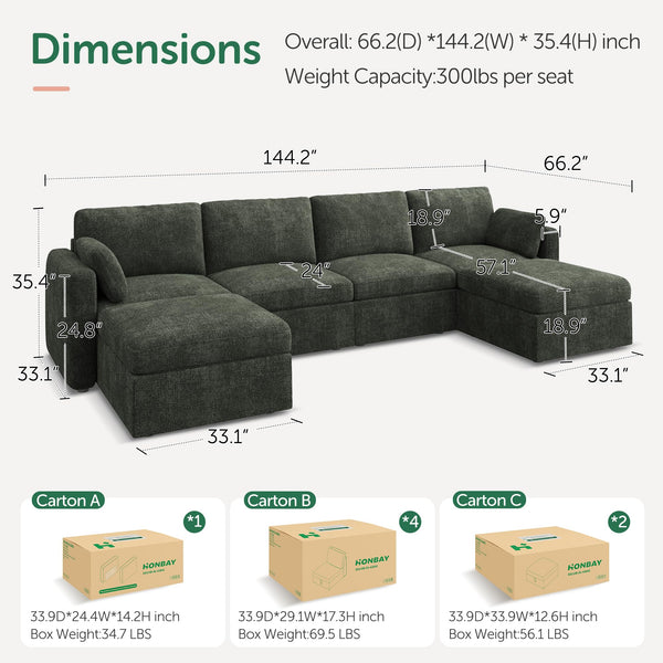 U-Shaped Modular Sectional Sofa with Storage Seats & Ottoman