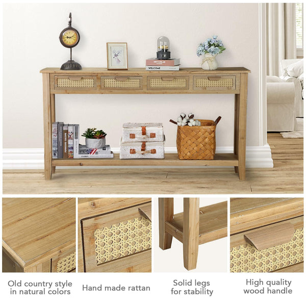 Farmhouse Console Table with Rattan Drawers & Open Shelf