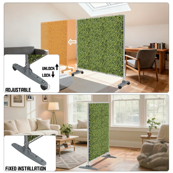 Freestanding Faux Hedge Privacy Screen Room Divider with Wheels – Boxwood Panels, Steel Frame