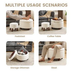 Round Storage Ottoman Set of 2 with Removable Lid & Small Stool