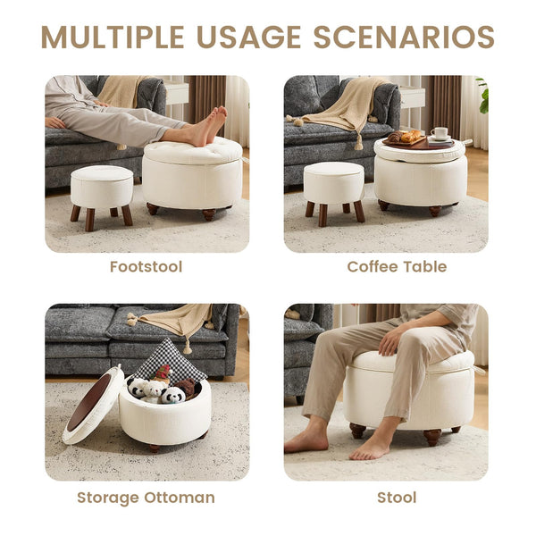 Round Storage Ottoman Set of 2 with Removable Lid & Small Stool