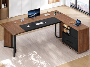63" L-Shaped Executive Desk with File Cabinet & Power Outlets