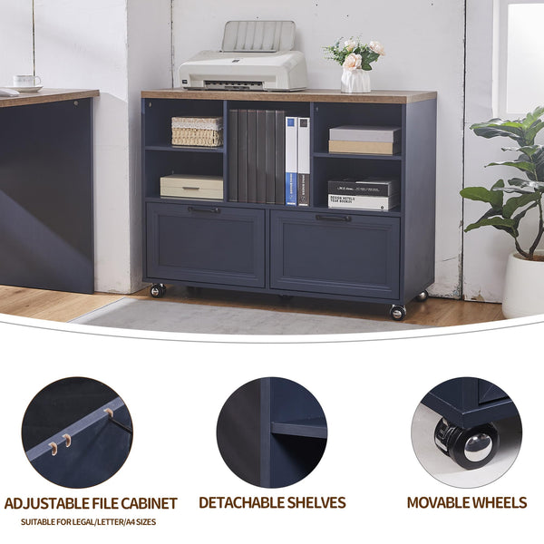 L-Shaped Executive Desk with Adjustable File Cabinet and Charging Station