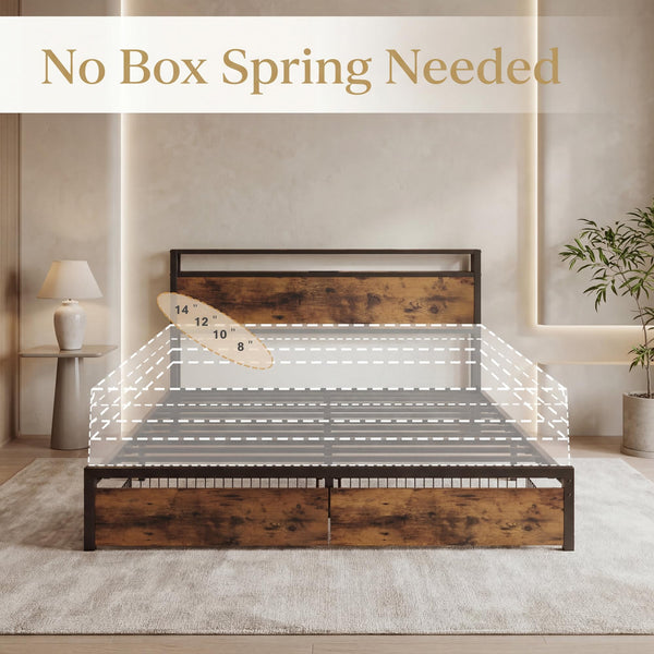 King Bed Frame with Storage Headboard, 2 Drawers & Charging Station