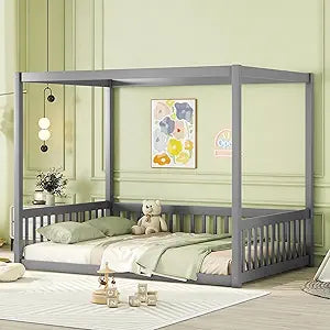 Full Size Kids Canopy Floor Bed Frame with Guardrails