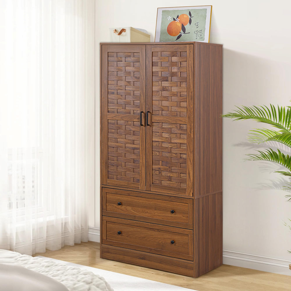 Armoire Wardrobe Closet with Woven Doors, Drawers & Hanging Rail