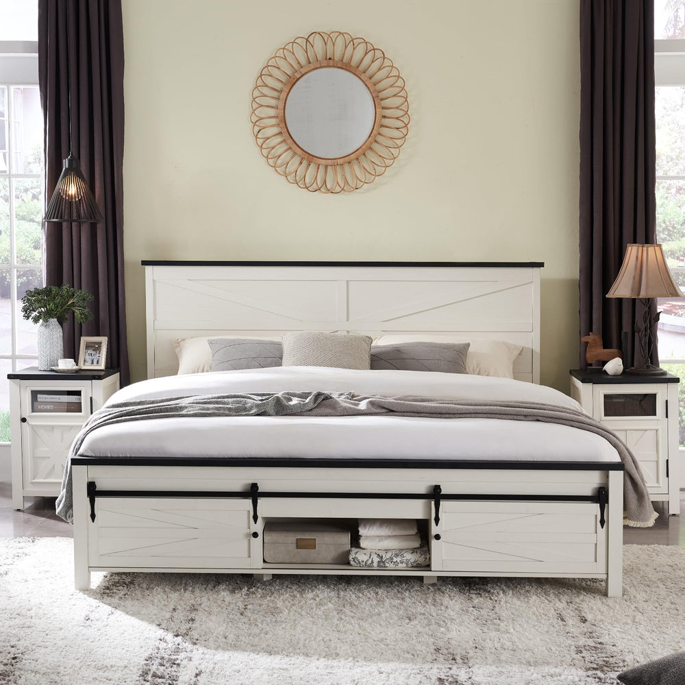Farmhouse Bedroom Set with Barn Door Storage – King & Queen Bed + 2 Nightstands
