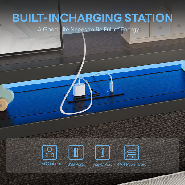 Twin XL Bed Frame with Storage Drawers, LED Light & Charging Station