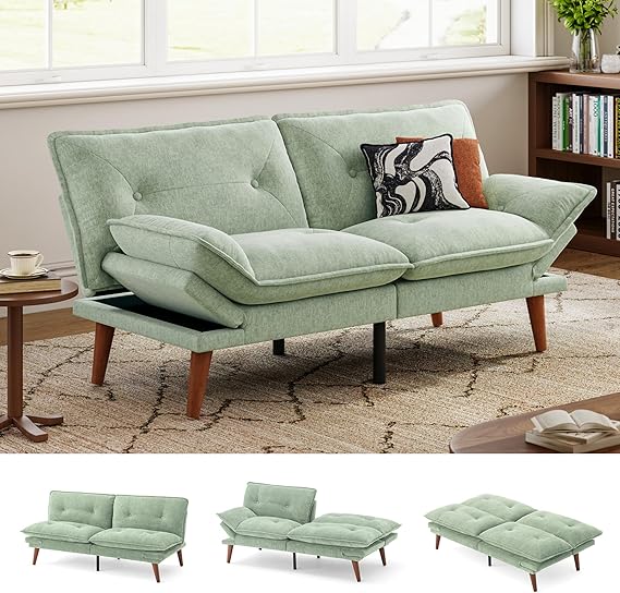 Convertible Futon Sofa Bed with Adjustable Backrest & Armrest