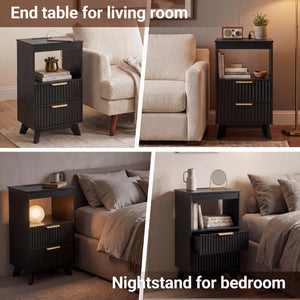 Tall Nightstand with Charging Station, Fluted Drawers & Storage Shelf