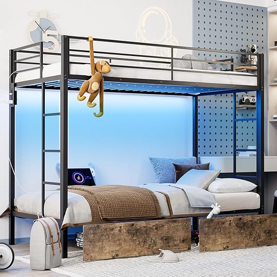 Twin XL Over Twin XL Metal Bunk Bed with LED Lights & Storage Drawers