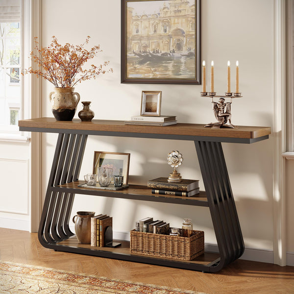 55" 3-Tier Console Table with Iron Frame