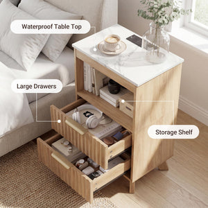 Fluted Nightstand with Charging Station & 2 Drawers
