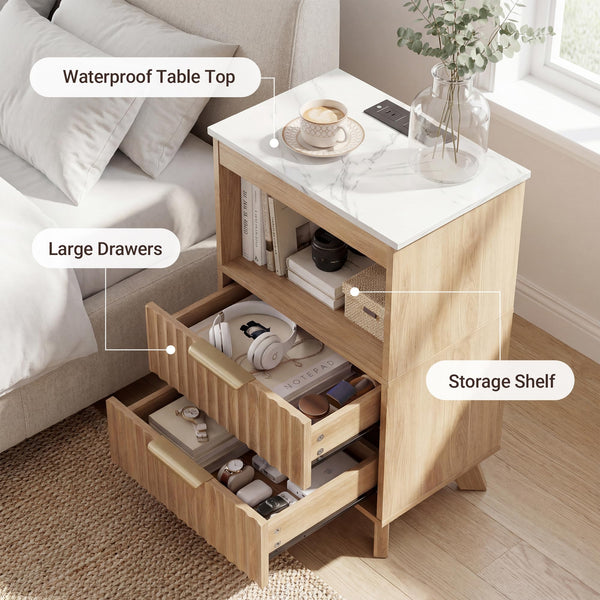 Fluted Nightstand with Charging Station & 2 Drawers