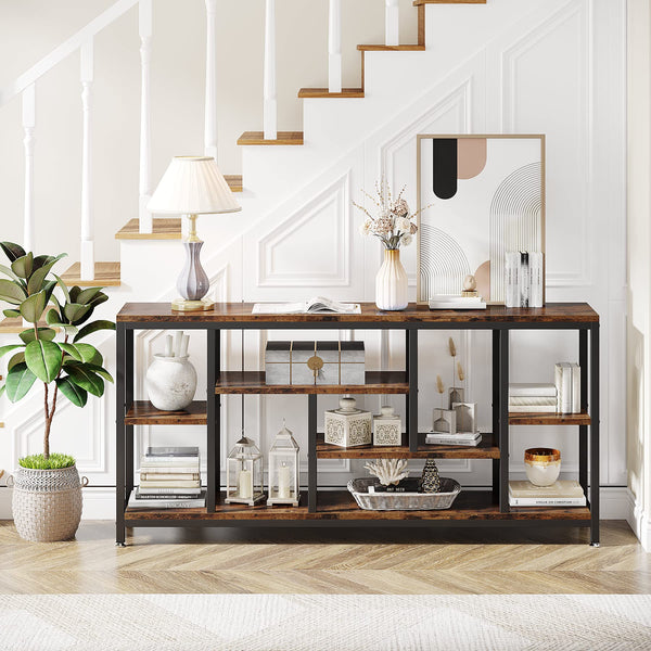 Industrial Console Sofa Table with Storage Shelves