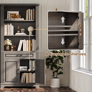 6-Tier Farmhouse Bookcase with Doors, Drawer & Adjustable Shelves – 70" Tall