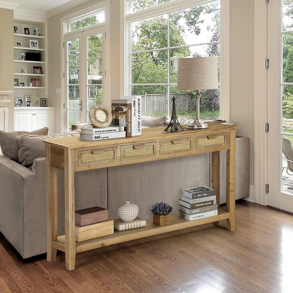 Farmhouse Console Table with Rattan Drawers & Open Shelf