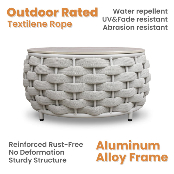 Round Woven Rope Outdoor Coffee Table with Sintered Stone Top