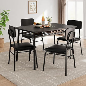5-Piece Dining Table Set with Storage Rack & Upholstered Chairs