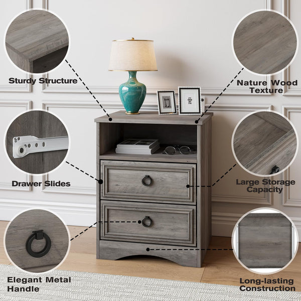 2-Drawer Wood Nightstand with Open Compartment