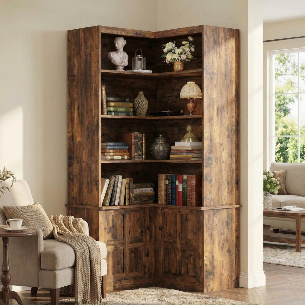 6-Tier L-Shaped Corner Bookshelf with Storage Cabinet