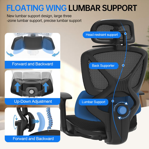 Ergonomic Mesh Office Chair with Lumbar Support, 3D Headrest & Reclining