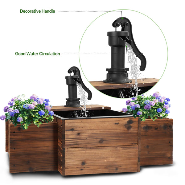 Outdoor Wooden Water Fountain with Hand Pump & Flower Box