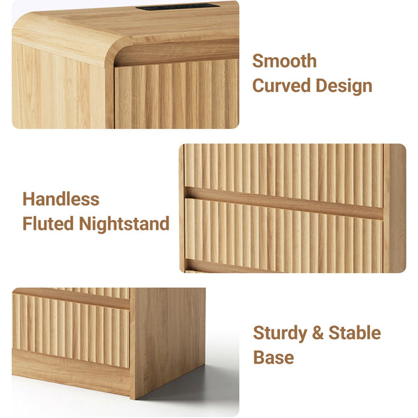 Fluted Nightstand with Charging Station & 3 Drawers