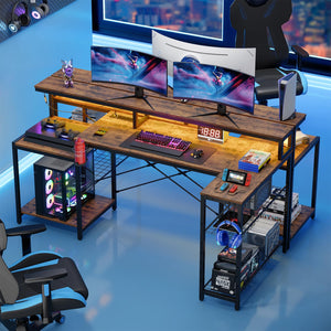 L-Shaped Corner Desk with Power Outlets, LED Strip & Monitor Stand