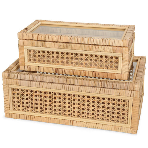 Boho Rattan Display Boxes with Glass Lids Set of 2