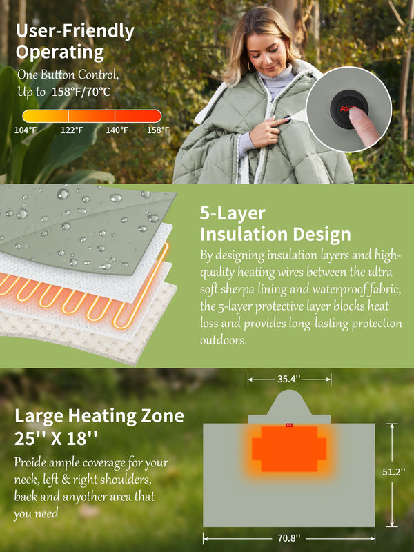 Cordless Heated Wearable Blanket Hoodie with Detachable Hood