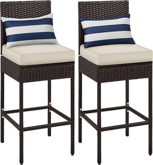 Outdoor PE Rattan Bar Stools with Cushions & Footrests