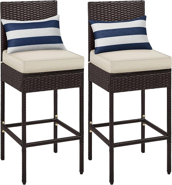 Outdoor PE Rattan Bar Stools with Cushions & Footrests