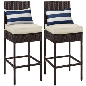 Outdoor PE Rattan Bar Stools with Cushions & Footrests – Brown/Beige