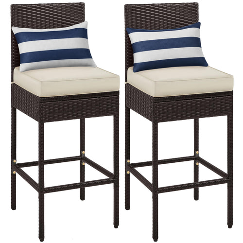 Outdoor PE Rattan Bar Stools with Cushions & Footrests – Brown/Beige
