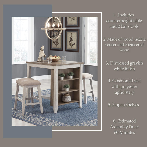 3-Piece Counter Height Dining Set with Cushioned Barstools — Whitewash Wood