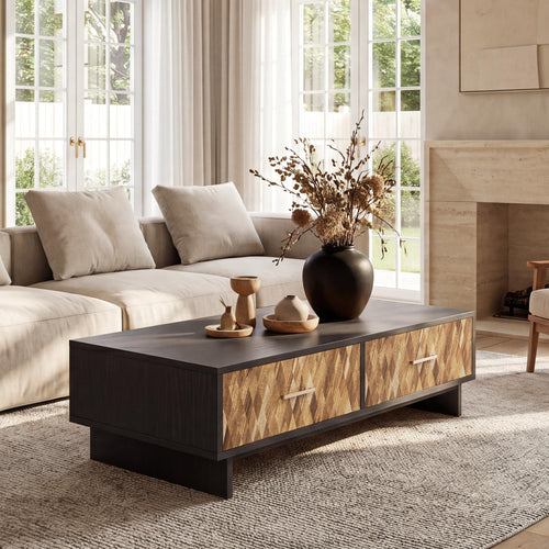 56" Storage Coffee Table with 4 Drawers | Solid Wood, Black Oak