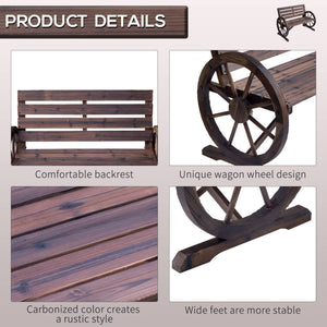 Rustic Wagon Wheel Outdoor Wood Bench – 2-Person Slatted Seat with Backrest