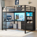 Full Size Loft Bed with L-Desk, Bookshelf & Storage