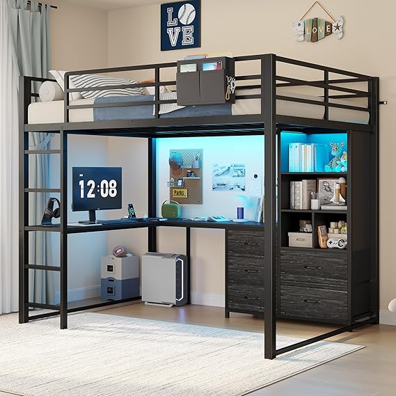 Full Size Loft Bed with L-Desk, Bookshelf & Storage