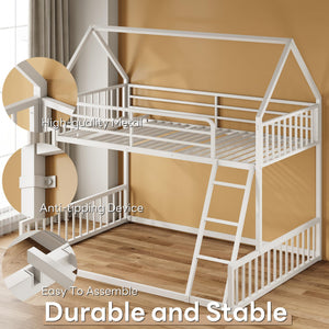 Twin Over Full House Bunk Bed – Metal Frame with Ladder & Guardrail