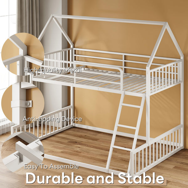 Twin Over Full House Bunk Bed – Metal Frame with Ladder & Guardrail