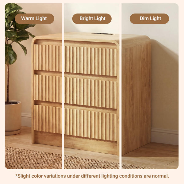 Fluted Nightstand with Charging Station & 3 Drawers