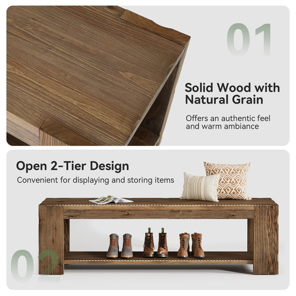 Solid Wood Entryway Bench with Storage Shelf, 55-Inch